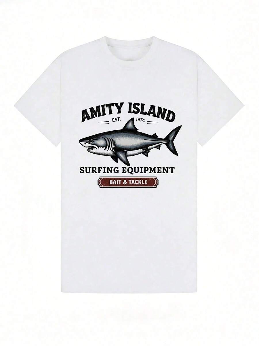 Camisetas para Hombre, Camiseta Casual de Manga Corta con Cuello Redondo, Suave con Estampado de Tiburón, para Verano y Actividades al Aire Libre, Camisetas para Mujer - Blanco - Ver 1