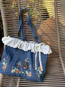 開學季刺繡包 森系甜美日系文青風 春夏新款復古蕾絲大容量托特包 蕾絲拼接女款單肩托特包 - 藍色 - 查看 2