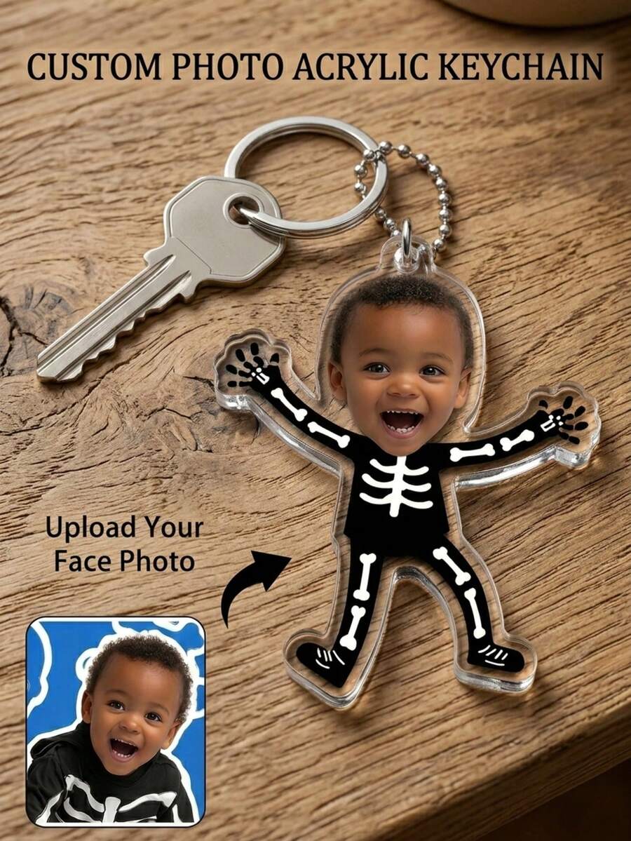 Custom Photo Acrylic Keychain Personalized Funny Face Picture Keychain Clear Acrylic Skeleton Costume Bag Charm Trick Or Treat Halloween Gift - Multicolor - View 1