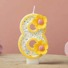 1pc Pink Glitter Number Birthday Cake Candle, Shiny Number Cake Decoration Topper, Party Decoration And Anniversary Celebration, Yellow Glitter Number 1 Candle With Daisy Flower Decoration, Birthday And Anniversary Party Cake Topper - Yellow - View 20