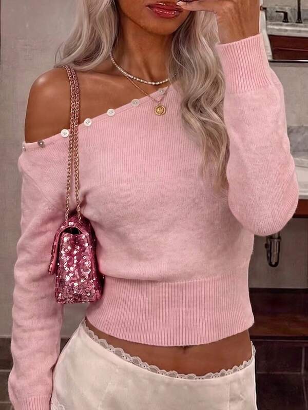 SEREN New Autumn One-Shoulder Long Sleeve Knit Sweater Top, Loose Casual Off-Shoulder Pink Pullover, Suitable For Shopping, Dating, Valentine's Day