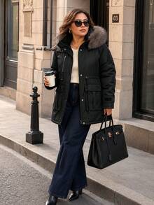 Plus Size Women's Detachable Fur Collar Hooded Parka Jacket, Cinched Waist, Multiple Utility Pockets, Loose Fit, Slimming Mid-Length Coat, Autumn/Winter - Black - View 2