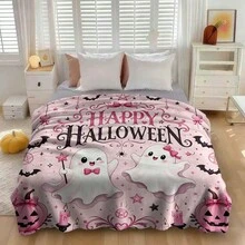 1pc Pink Happy Halloween Flannel Throw Blanket, Cute Bow Ghost Pumpkin Bat Spider Web Pattern, Soft Polyester Material, Suitable For Sofa, Bedroom And Holiday Home Decor Pastel Style Kawaii Halloween Blanket, Size 50*60in - Multicolor - View 9
