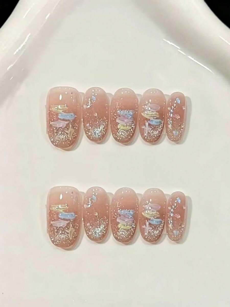 10片短橢圓手工穿戴甲，粉色甜美溫柔手繪石膏雲朵、果凍波點漸層貓眼款式，適合女孩與女性，適用於節日派對與日常佩戴