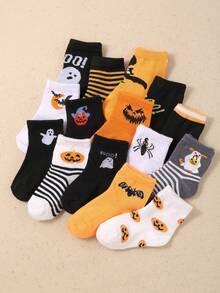 1/6/12 Pairs Kids Halloween Pumpkin Ghost Bat Spider Print Soft Breathable Non-Slip Mid Crew Socks Halloween Party Daily Autumn - Multicolor - View 2