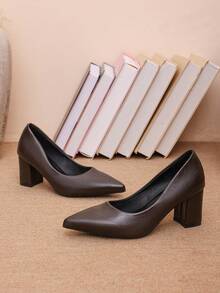 Women's Sophisticated Professional Style Pointed Toe Chunky Heel Slip-On Loafers, Minimalist Elegant Commuter Versatile Shoes - Brown - View 6