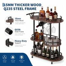 WARMTOBABY Three-Tier Wheeled Bar Cart With Wine Rack And Glass Holder - Slim Metal Cart Suitable For Kitchens, Bars, Living Rooms, And Lounges - Black Frame - 34.2 X 15.7 X 37 In - Black - View 3