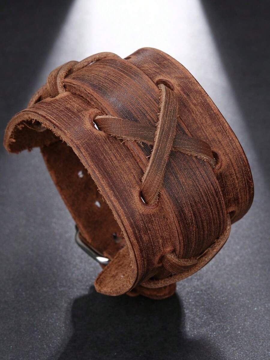 1 Pc Vintage Punk Genuine Leather Bracelet Bangle For Men Handmade ...