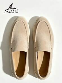 Salkin 經典設計男士套腳樂福鞋 莫卡辛單色麂皮休閒鞋 舒適透氣 防滑耐磨 平底 學生返校畢業大學風 商務正式婚禮 春夏秋 簡約休閒 - 卡其色 - 查看 1