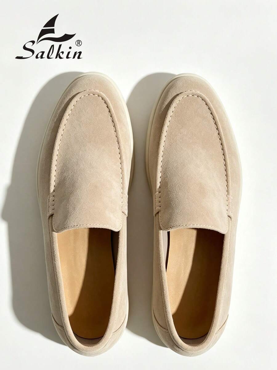 Salkin 經典設計男士套腳樂福鞋 莫卡辛單色麂皮休閒鞋 舒適透氣 防滑耐磨 平底 學生返校畢業大學風 商務正式婚禮 春夏秋 簡約休閒 - 卡其色 - 查看 1