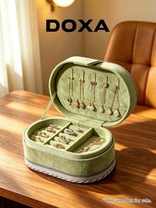 DOXA Avocado Green Velvet Oval Double Layer Jewelry Box With Flip Lid, Necklace Hook, Ring & Earring Travel Portable Storage Box - Green - View 6