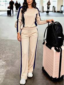 Women's Autumn Colorblock Striped 2 Pieces Set, Elegant Round Neck Top With Elastic Drawstring Side Stripe Wide Leg Pants, Suitable For Office Commute And Daily Wear - Apricot - View 2