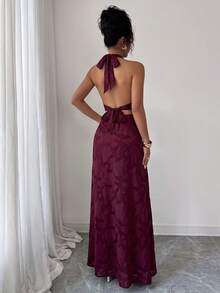 Unadoll Women Fall Burgundy Halter 2 Piece Set,Cowl Back Tie Crop Top Midi Skirt For Birthday Cocktail Party Going Out - Burgundy - View 2