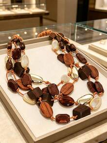 Maillard Vintage Multi-Layer Wooden Bead Necklace, Handmade Braided Rope Contrast Color Neck Chain, Versatile Exaggerated Accessory For Vacation And Commute - Brown - View 6