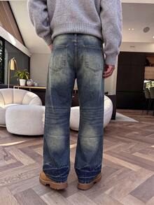 Men's American Vintage Washed Loose Straight Leg Jeans, Retro Layered Horizontal Cat Whisker Faded Distressed Wash Denim Pants, Streetwear Relaxed High Street Jeans - Medium Wash - View 5