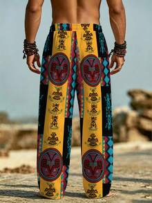 Retro Mexican Indigenous Print Men's Loose Drawstring Waist Surfing Beach Holiday Wide Leg Pants, Print Sublimation - Multicolor - View 4