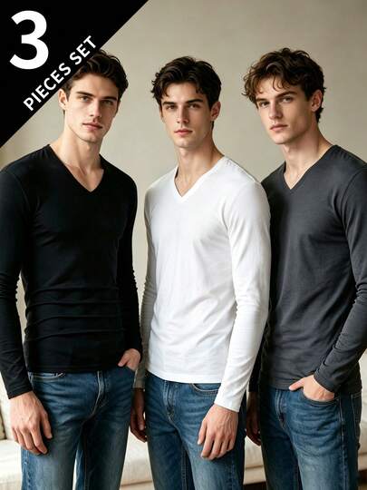 3pcs Men's Autumn/Winter V-Neck Thermal Casual Base Layer Undershirt, High Neck Long Sleeve T-Shirt, Thermal Underwear Top