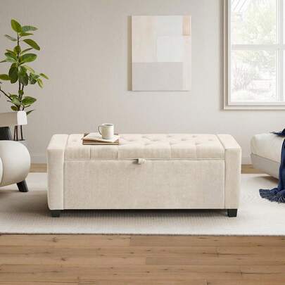 Banco Otomán de Almacenamiento, Banco Tapizado Acolchado para Recámara con Almacenamiento, Banco de Almacenamiento al Pie de la Cama para Sala de Estar y Entrada, Capacidad de 350 lb, Lino