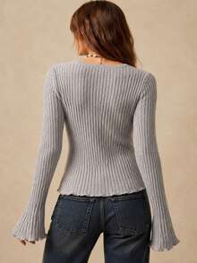 Whisplicity Women's Ribbed Knit Top, Lace V-Neck, Autumn/Winter Casual Wear - Grey - View 3