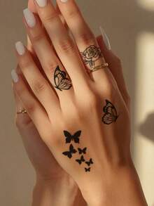 1 Sheet Elegant Black Outline Butterfly Rose Fake Tattoo Sticker, Minimal Floral Insect Temporary Tattoo, Sweat‑Resistant Waterproof Body Decal, Chic Pattern For Fingers Hand, Fashion Body Accessory For Young Ladies - Black - View 3