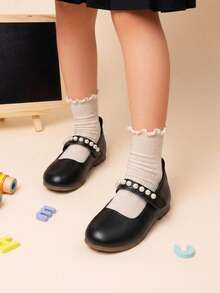 Girls' Black Pearl Decorated Mary Jane Shoes, Suitable For Spring/Autumn Daily Outings And Formal Occasions - Black - View 3