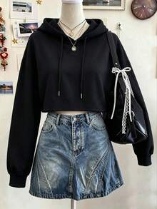 Women's Autumn Sports Sweatshirt, Short Design, Printed, Multi-Color Options, Thick Drawstring Hooded Grey Sweatshirt Black - Black - View 7