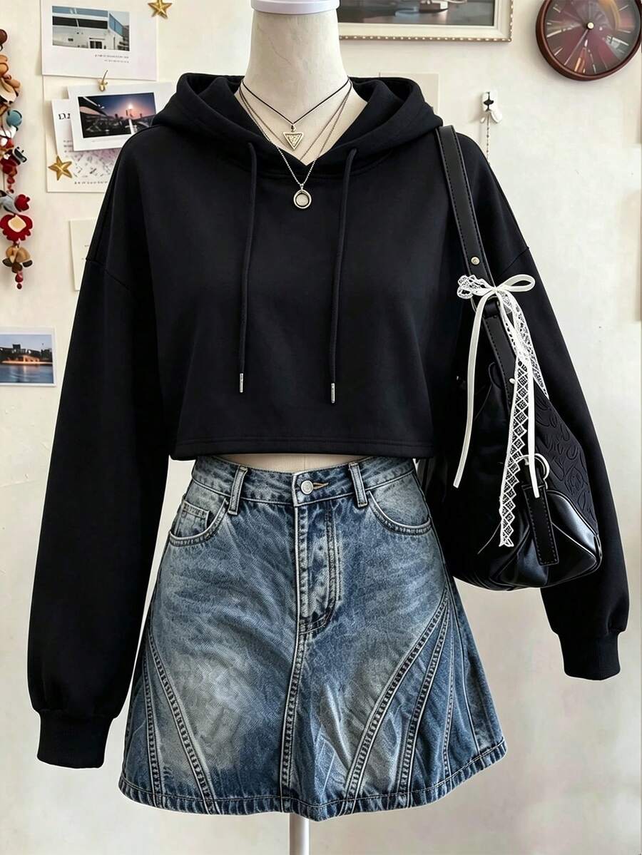 Women's Autumn Sports Sweatshirt, Short Design, Printed, Multi-Color Options, Thick Drawstring Hooded Grey Sweatshirt Black