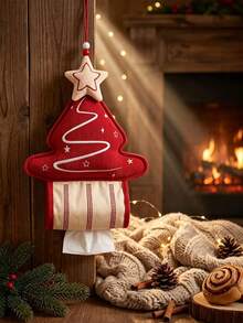 1PC Red Green Christmas Tree Pattern Hanging Tissue Holder, Festive Cute Corduroy Fabric Tree‑Shaped Tissue Dispenser, Star Embroidery With Hanging Loop, Space‑Saving Wall‑Mount Tissue Pouch For Xmas Home Living Room Christmas Party Decor Use - Multicolor - View 7