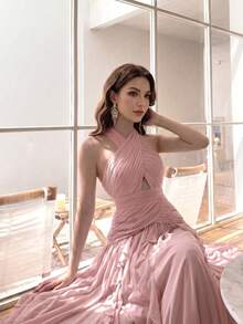 Women's Elegant Sexy Multi-Layer Ruffle Patchwork Design Full Skirt Slimming Luxury Dress Solid Color Sexy Party Patchwork Wedding Pink Fall - Pink - View 1