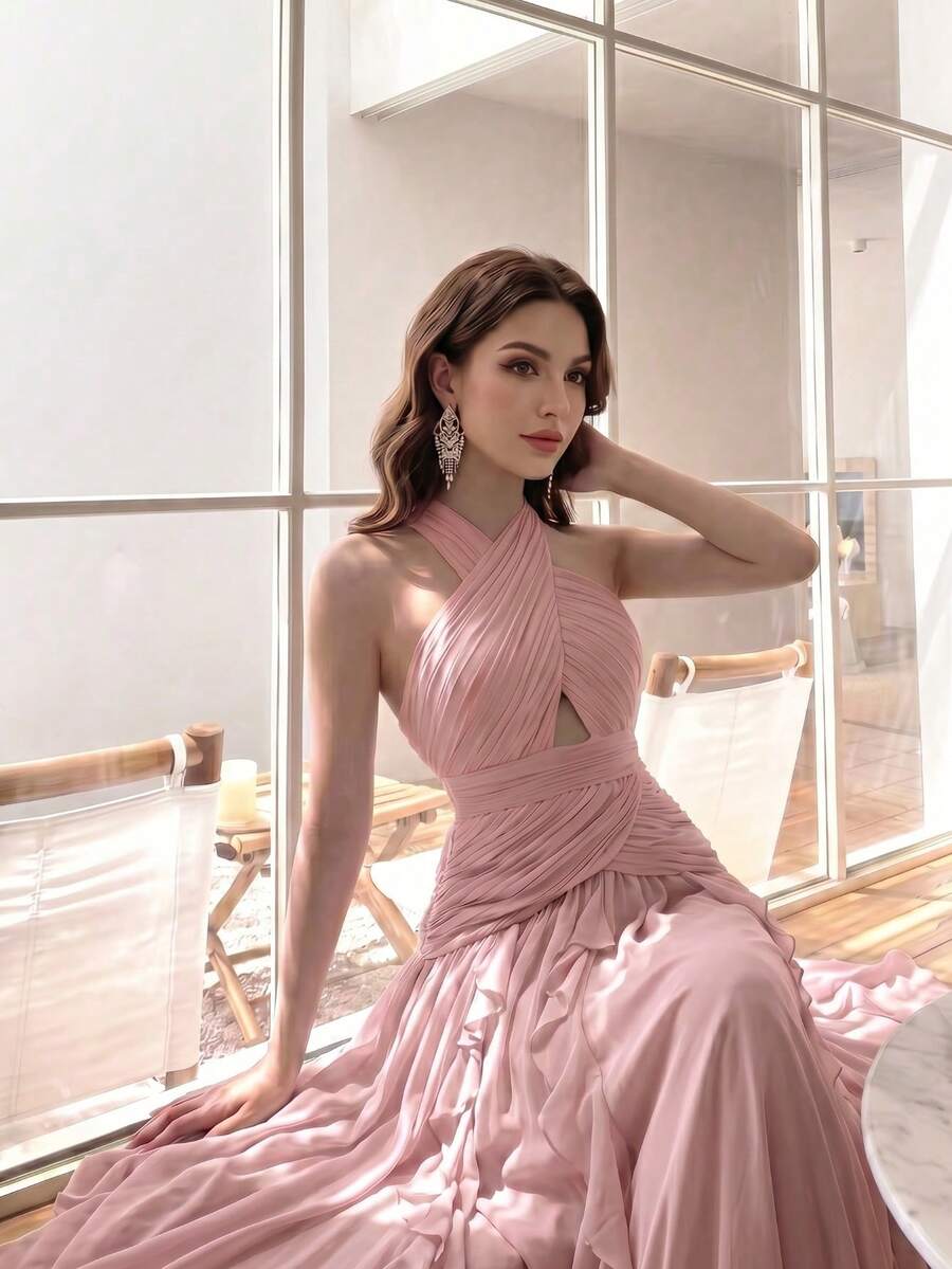 Women's Elegant Sexy Multi-Layer Ruffle Patchwork Design Full Skirt Slimming Luxury Dress Solid Color Sexy Party Patchwork Wedding Pink Fall - Pink - View 1