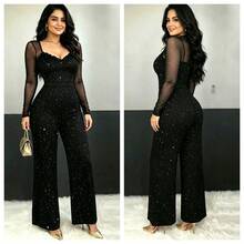 Elegant Black Knit Jumpsuit With Transparent Long Sleeves And Shiny Details, Suitable For New Year - Black - View 1