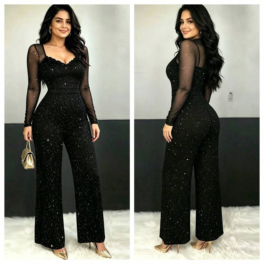 Elegant Black Knit Jumpsuit With Transparent Long Sleeves And Shiny Details, Suitable For New Year - Black - View 1