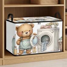 1pc Cute Cartoon Bear Laundry-Themed Fabric Storage Box With Zipper And Double Handles, Foldable Wardrobe Organizer Box For Storing Clothes, Bedroom Shelf Storage - Multicolor - View 1