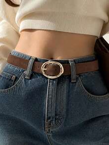 1pc Women's Belt, Brown Belt, Boho Belt, Belts Y2K, Coffee Color Belt, Vintage Asymmetrical Geometric Buckle Minimalist Belt, Country Belt, Belts For Women Dress, Fashion Commute Vacation Belt, Match With Dress And Pants, Suitable For Party, Gathering, Casual Outing, Vacation, Music Festival, School, Holiday Gift, Summer, Back To School - Coffee - View 1