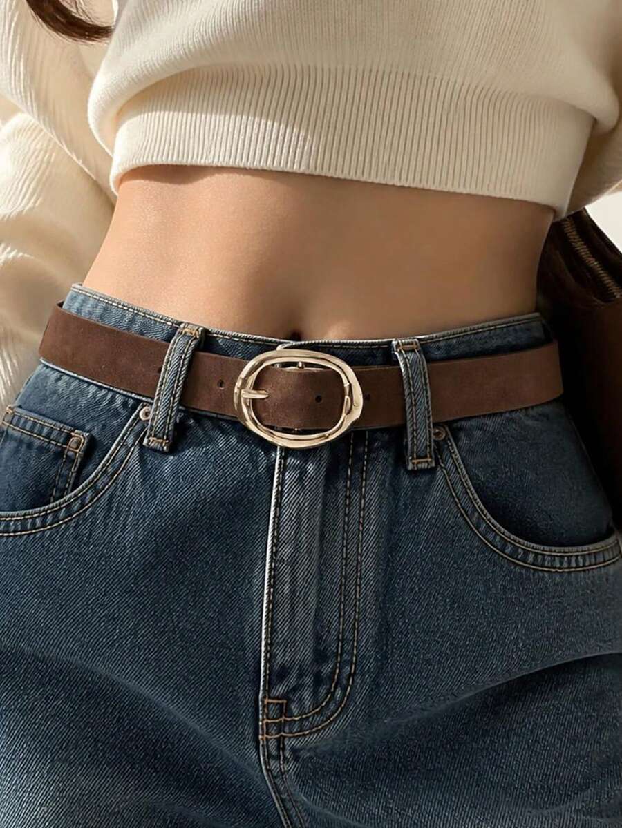 1pc Women's Belt, Brown Belt, Boho Belt, Belts Y2K, Coffee Color Belt, Vintage Asymmetrical Geometric Buckle Minimalist Belt, Country Belt, Belts For Women Dress, Fashion Commute Vacation Belt, Match With Dress And Pants, Suitable For Party, Gathering, Casual Outing, Vacation, Music Festival, School, Holiday Gift, Summer, Back To School - Coffee - View 1