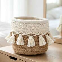 Bohemian Style Woven Tassel Cotton Rope Storage Basket, Handmade Small Desktop Organizer, Decorative Countertop Basket For Cosmetics, Pens, Small Items, Home Vanity Decor - Multicolor - View 10