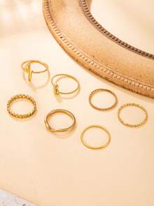 7pcs Stainless Steel Gold-Plated Thin Women's Ring Set, Delicate Minimalist Wave Heart ECG Chain Twisted Plain Band Multi-Style Stackable Ring Combination, Holiday Gift, Daily Commute Stackable Jewelry - Gold - View 3