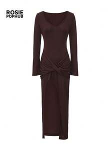 ROSIE POPHUB Women Brown Ribbed V-Neck Flare Sleeve Midi Dress, Twist Front Slit Slim Elegant Christmas Party Dress For Fall Winter - Coffee Brown - View 8