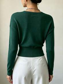 Women's Wrap V-Neck Ribbed Knit Sweater Long Sleeve Slim Fit Cropped Pullover Elegant Commute Autumn Top - Dark Green - View 2