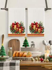 2pcs/4pcs Handuk Dapur Kotak Kado Natal Cat Air, Kotak Kado Pita Merah, Ranting Pinus Holly, Cetakan Buah Beri Merah, Pinggiran Pola Berlian Merah & Kuning, Handuk Tangan Liburan, Handuk Dekorasi Dapur dan Kue - MultiWarna - View 7