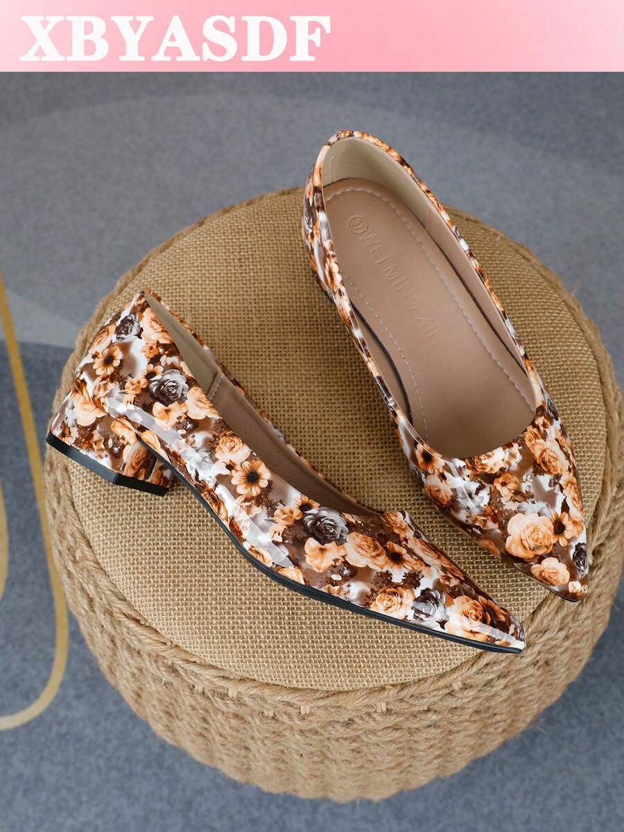 XBYASDF 2026 New Women's Khaki Rose Floral Print Pointed Toe Chunky Heel Pumps, Low Vamp Slip-On 3cm High Heel Shoes For Commuting And Dating - Khaki - View 1