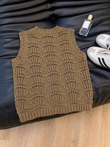1pc Women's Summer Fashion Hollow Design Chunky Knit Sleeveless Vest, Solid Color Casual Knitted Tank Top - Camel - View 2