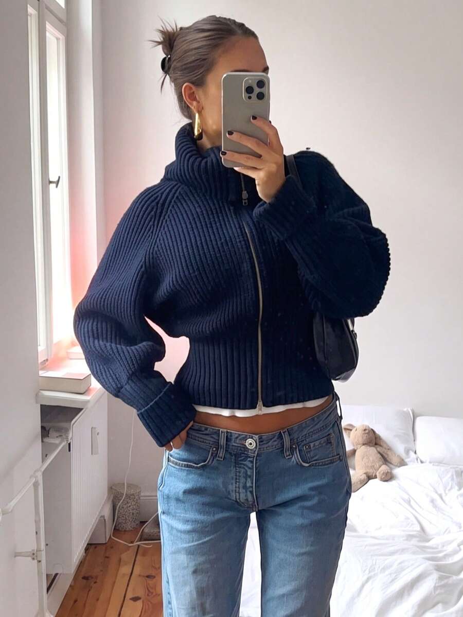 Minimalist New Women's Ribbed Knit High Neck Double Zipper Cardigan Long Sleeve Short Loose Knit Jacket, Casual Daily Street Style Fall - Royal Blue - View 1