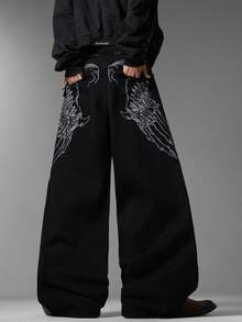 Men's Black Jeans, Unique Back Pocket Embroidery, Minimalist Fashion Loose Wide Leg Pants, Versatile All Season Wear (Belt & Accessories Not Included) - Black - View 6