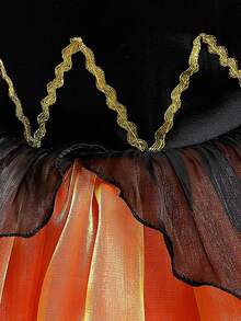 Young Girls Thick Strap Woven Ribbon Bow Organza Elegant Halloween Party Puff Princess Dress Suitable For Ball, Includes Bag, No Headband - Orange - View 7