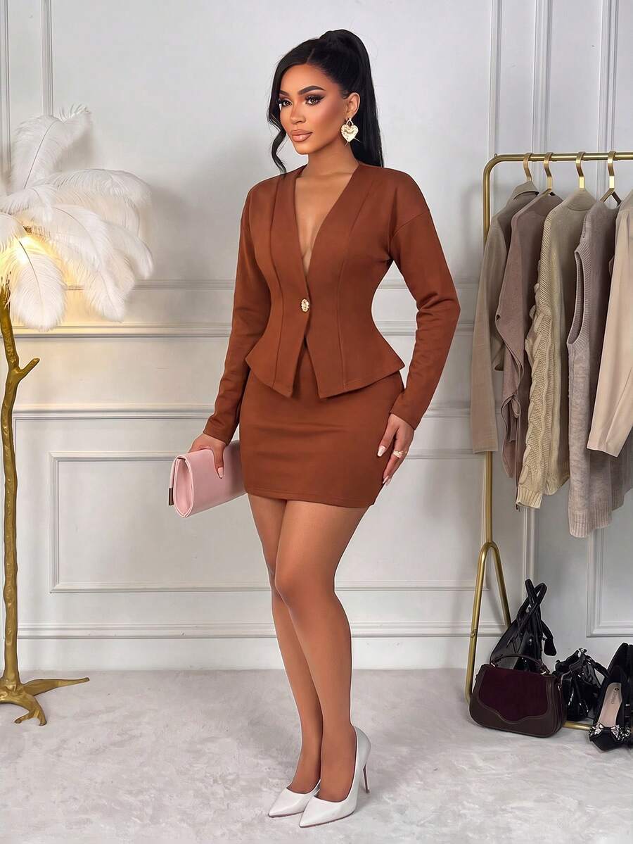 Women's Brown V-Neck Single Button Short Blazer + Fitted Mini Skirt 2-Piece Set, Elegant Autumn Casual Outing Commute Daily Holiday Party Wear - Brown - View 1