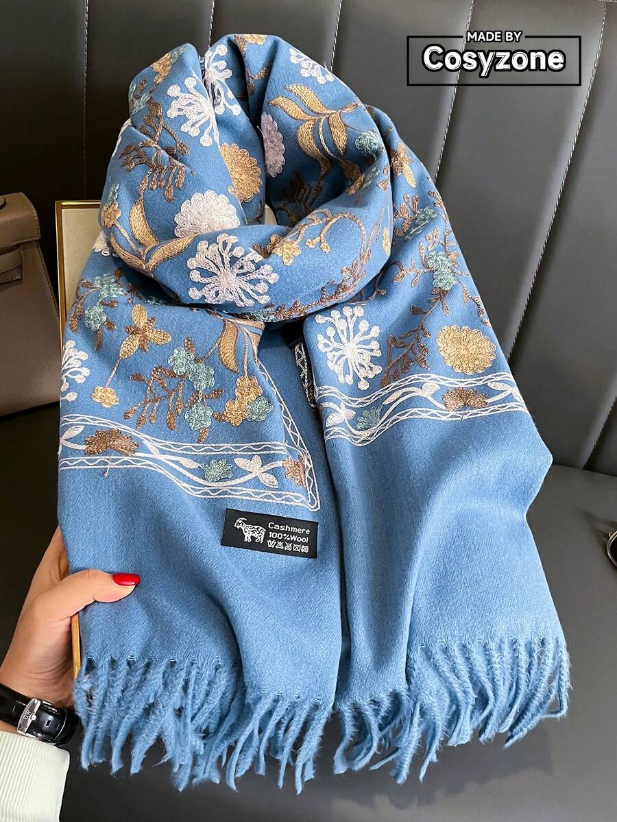1件女款秋冬仿羊絨刺繡圍巾,加厚保暖流蘇披肩斗篷,波希米亞風旅行披肩 - 藍色 - 查看 1