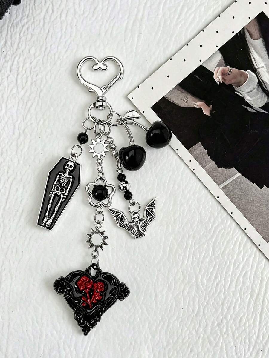 1PC Dark Sweet Cool Personalized Coffin Bat Rose Keychain Cherry Bag Charm Accessory - Multicolor - View 1