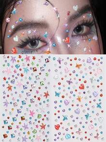 451pcs 3D Summer Rainbow Glitter Rhinestone Stickers, 2pcs Shiny Heart-Shaped Self-Adhesive Rhinestone Stickers, Heart Design Suitable For Makeup And Clothing, Multi-Color Diamond Face Decor For Festivals, Parties And Events - Multicolor - View 2