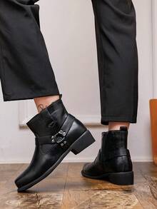 Men's High Heel Square Toe Chelsea Boots, Height Increasing British Style Side Zipper Cross Strap Ankle Boots, Business Casual Fashion Boots - Black - View 8